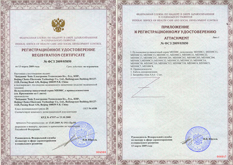 Регистрационное удостоверение на пульсоксиметры серии MD300C